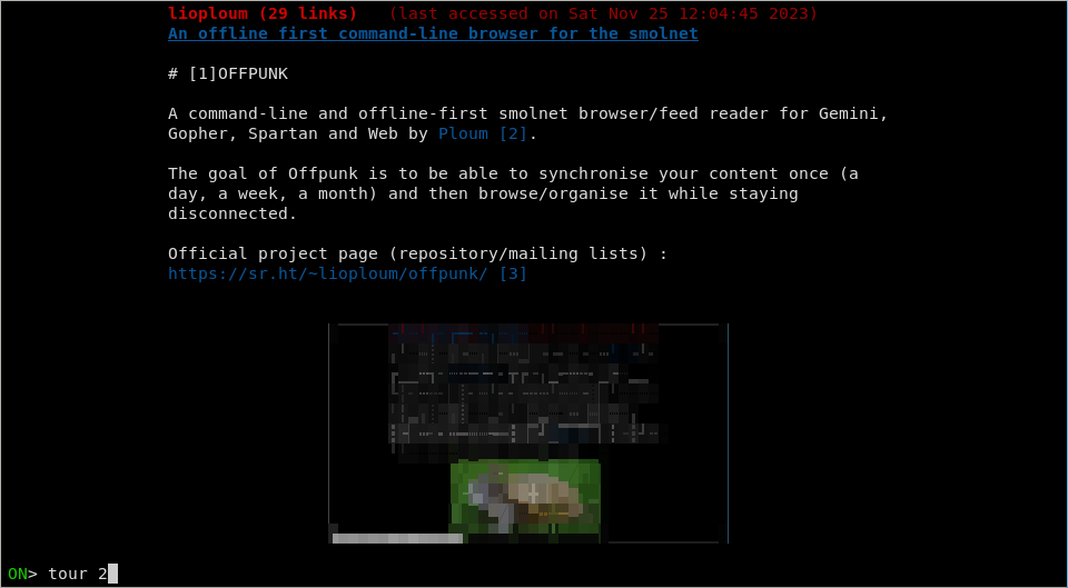 Mandatory screenshot showing Offpunk browsing Offpunk’s website. There’s a screenshot of Offpunk in the screenshot.