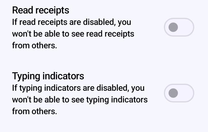 Signal preferences showing read receipts and typing indicator disabled